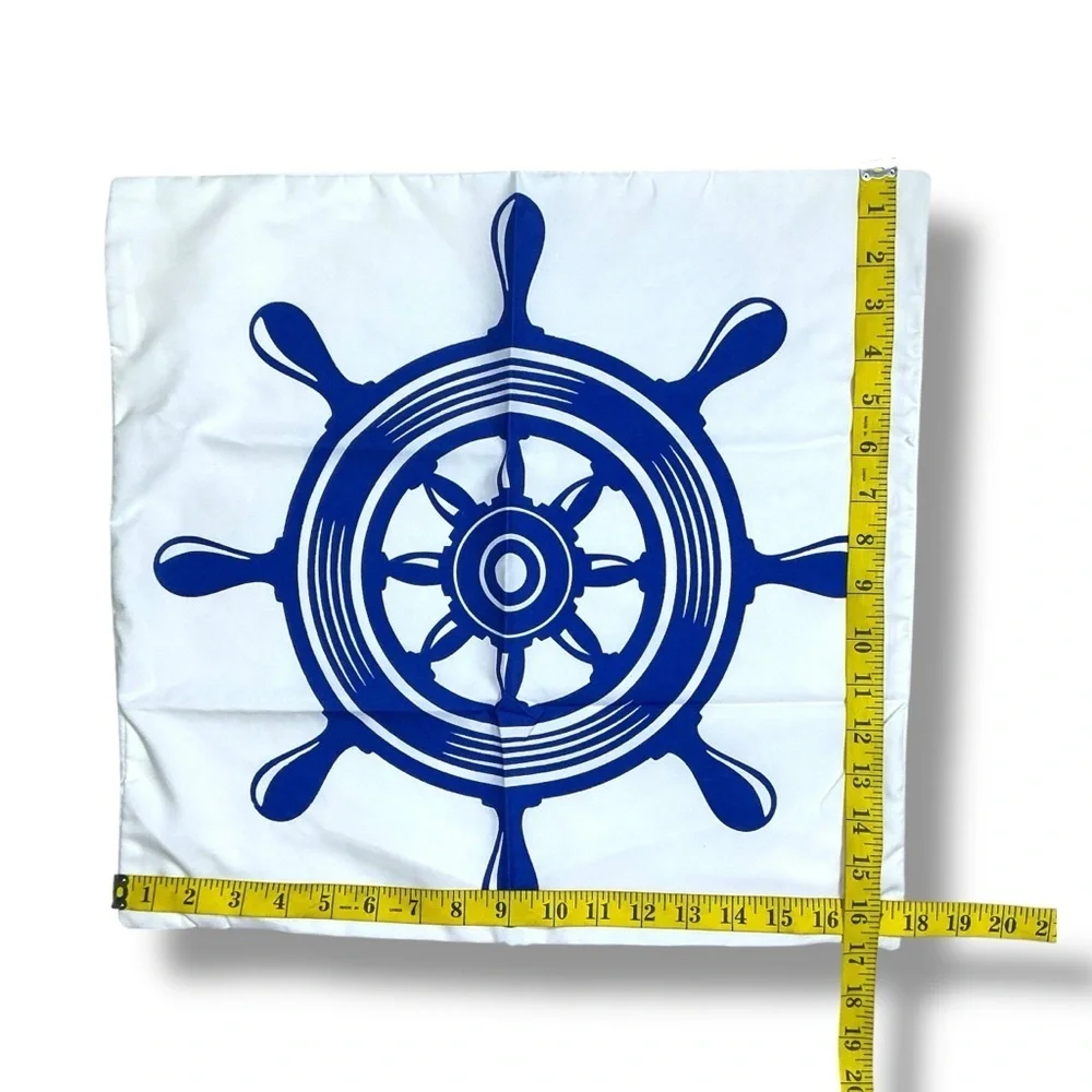 Coastal Pillow Cover Ship Wheel Nautical Beach Decor Square 17.75 in Blue White